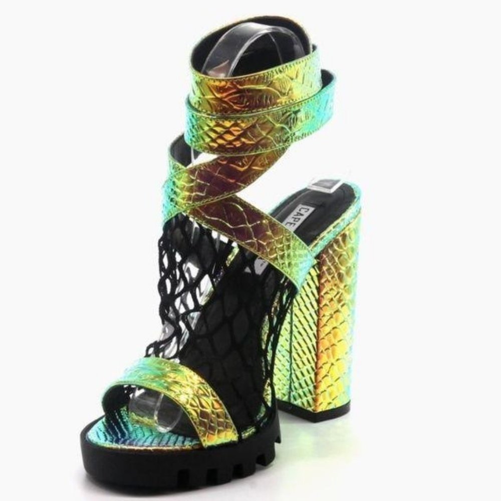 Block Heels Wrap Around Strap w buckle stacked metallic Heel lug sole